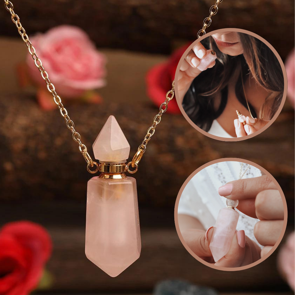 Vial Necklace of Rose Quartz for Essential Oils